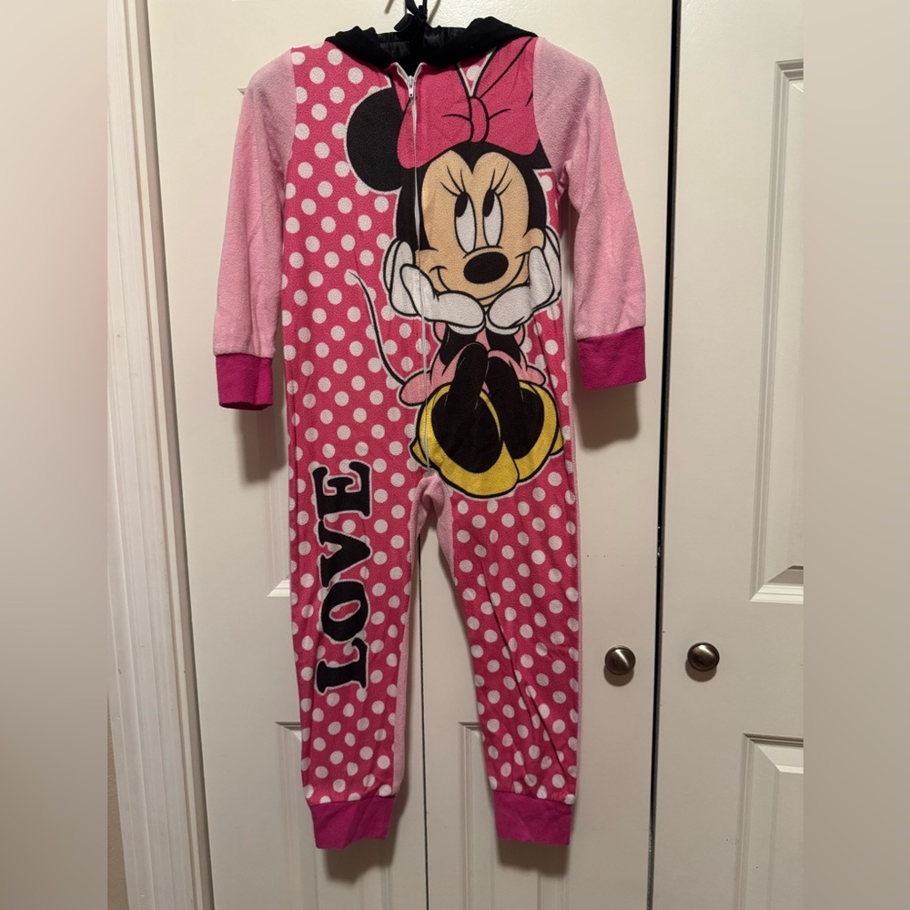 Disney Minnie Mouse Girls Size 6 Pink Polka Dot Hooded Footless Onesie Pajamas